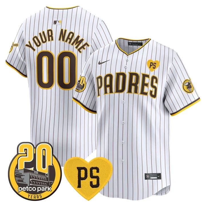 Men's San Diego Padres Active Player Custom White “For Peter” And Petco Park 20th Patch Limited Stitched Baseball Jersey Men's San Diego Padres Active Player Custom White “For Peter” And Petco Park 20th Patch Limited Stitched Baseball Jersey